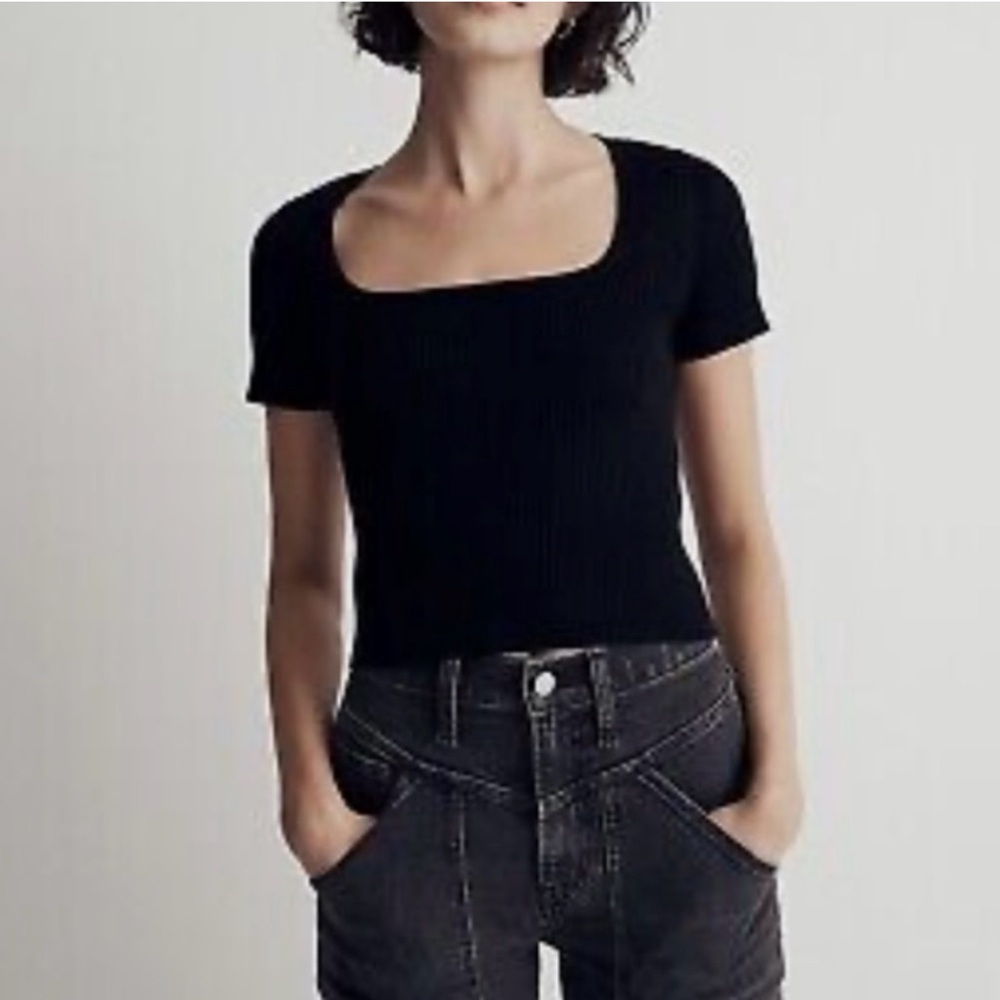 Madewell Black Ribbed Square Neck Top heavy weight xs new